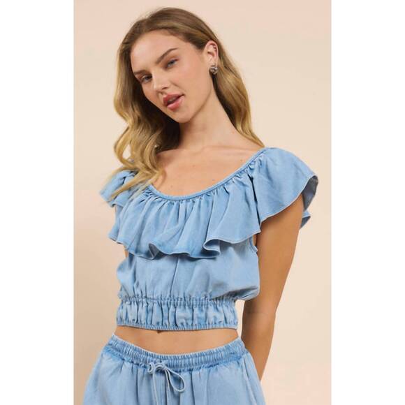 SADIE & SAGE Tops - NEW SADIE & SAGE it's pouring wide ruffle neck top in light chambray